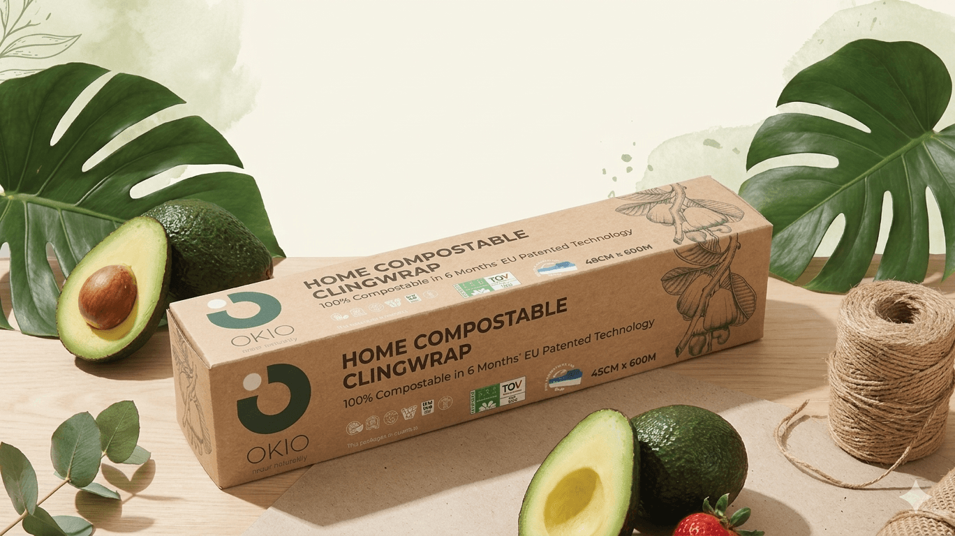 OKIO compostable clingwrap box with avocado halves and monstera leaves