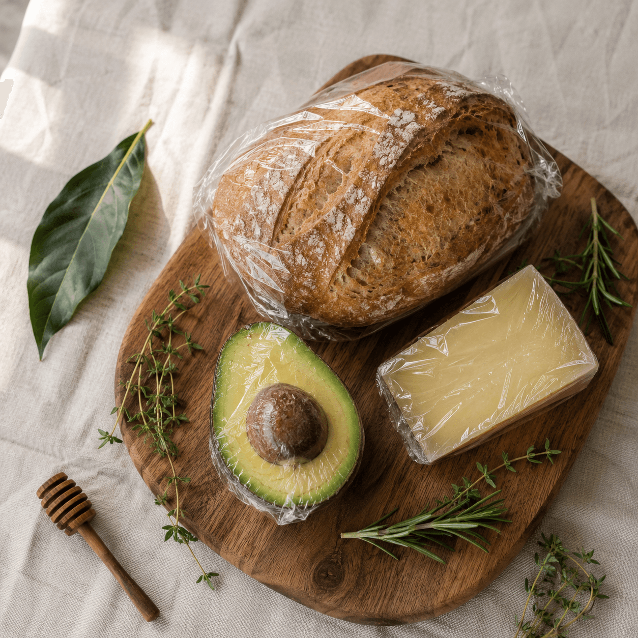 Auf Schüssel, Brot, halber Avocado.