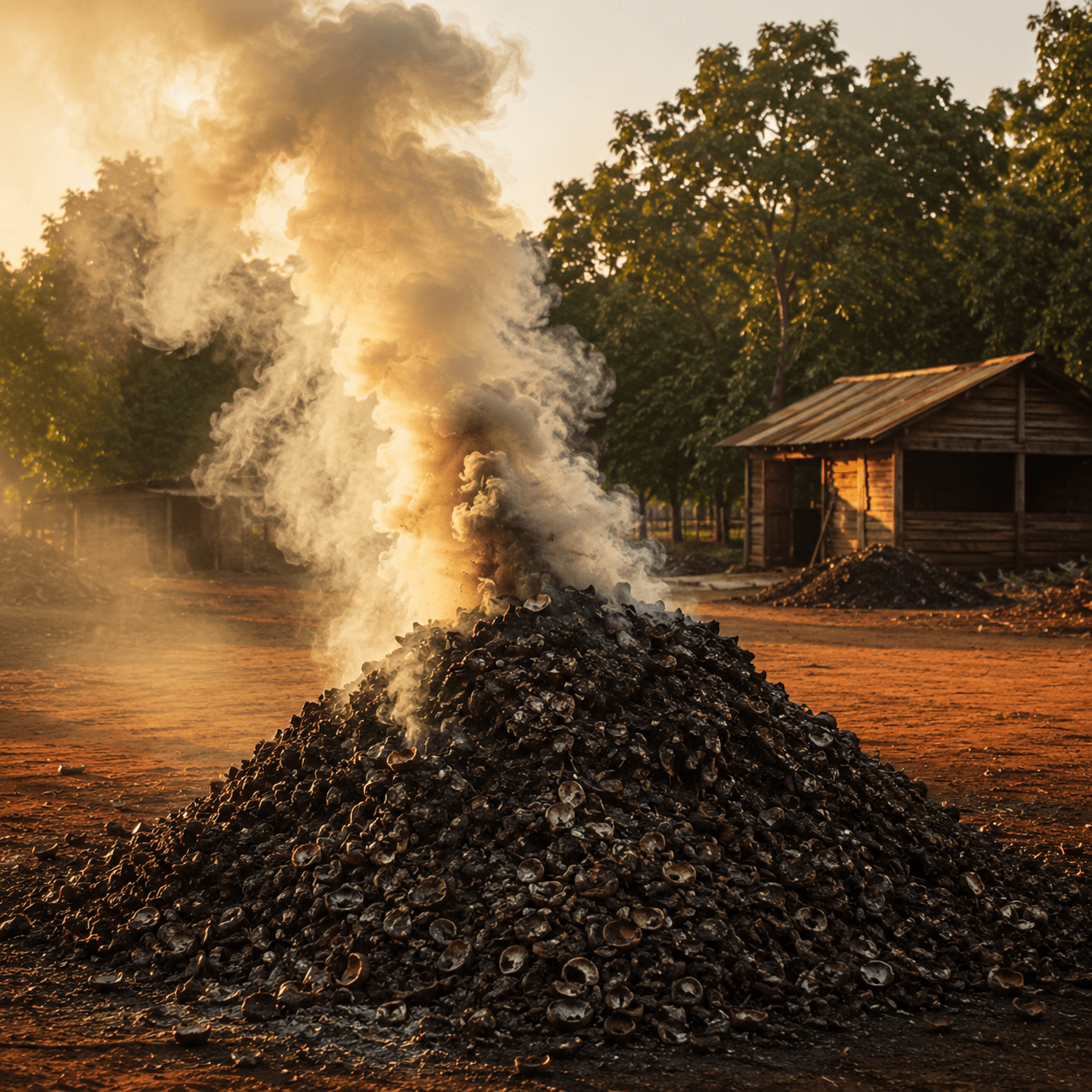 A pile of cashew shells smouldering at golden hour in rural Vietnam — the byproduct historically burned as cheap biomass